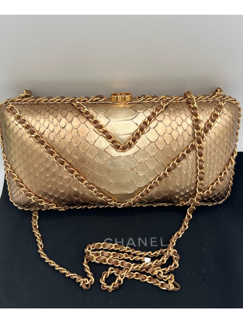 CHANEL Gold Python Chevron Chain Clutch 🔥 Collectors Piece🔥